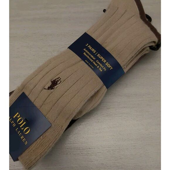 Polo Ralph Lauren Mens Brown Assorted Comfort Fit 3-Pack Crew Socks Size 10-13 - Picture 3 of 11